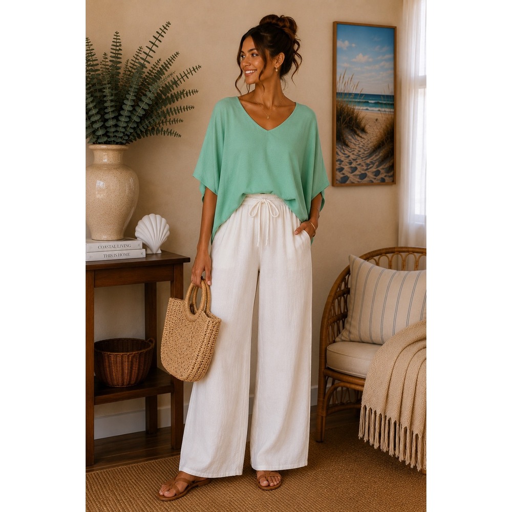 Adrienne Mint Green Slub Gauze Oversized V-Neck Dolman Top Coastal Resort NEW